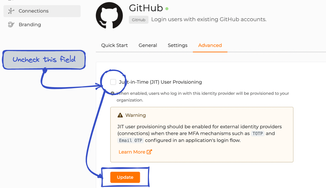 Disabling just-in-time user provisioning of GitHub connection.