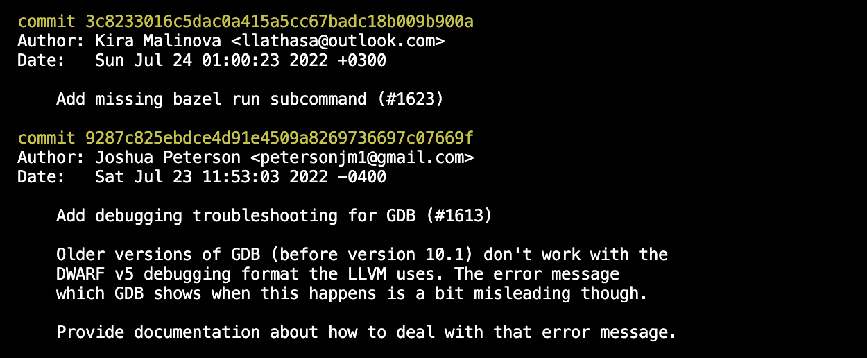 Git log on carbon repository